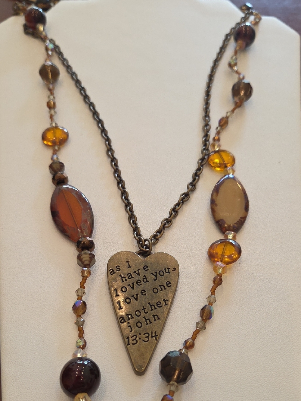 Antique Bronze Heart Scripture Pendant Necklace And Amber and Brown Beads